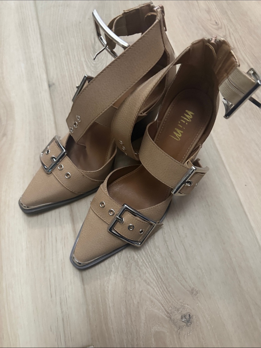 Pointed-Toe Buckle Ankle Heels in Nude